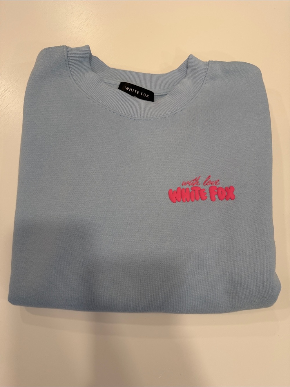 White Fox Crew Neck hibiscus sweatshirt. Light Blue 'With Love'. Size M/L